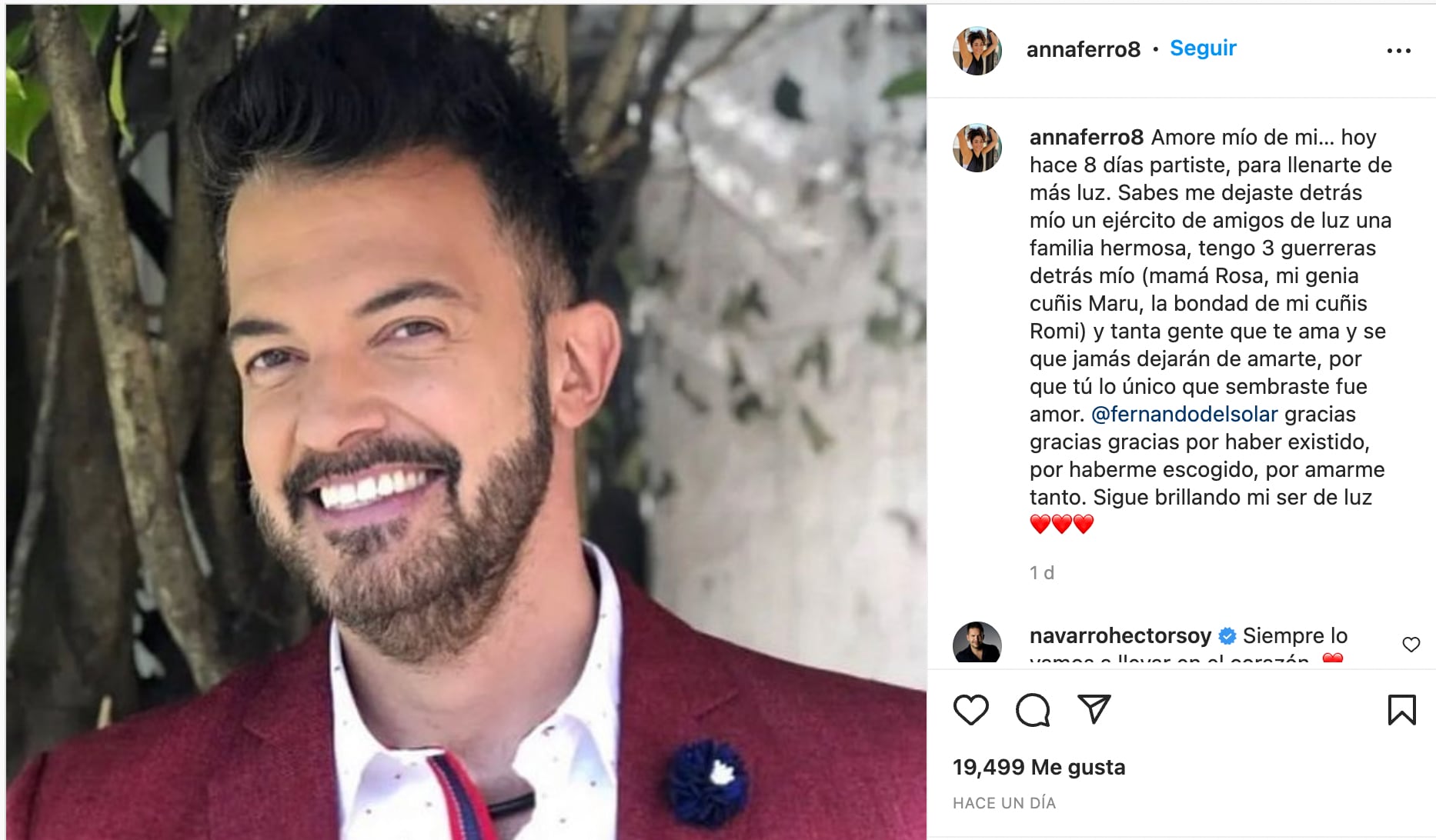 Anna Ferro le dedica un tierno mensaje a Fernando del Solar