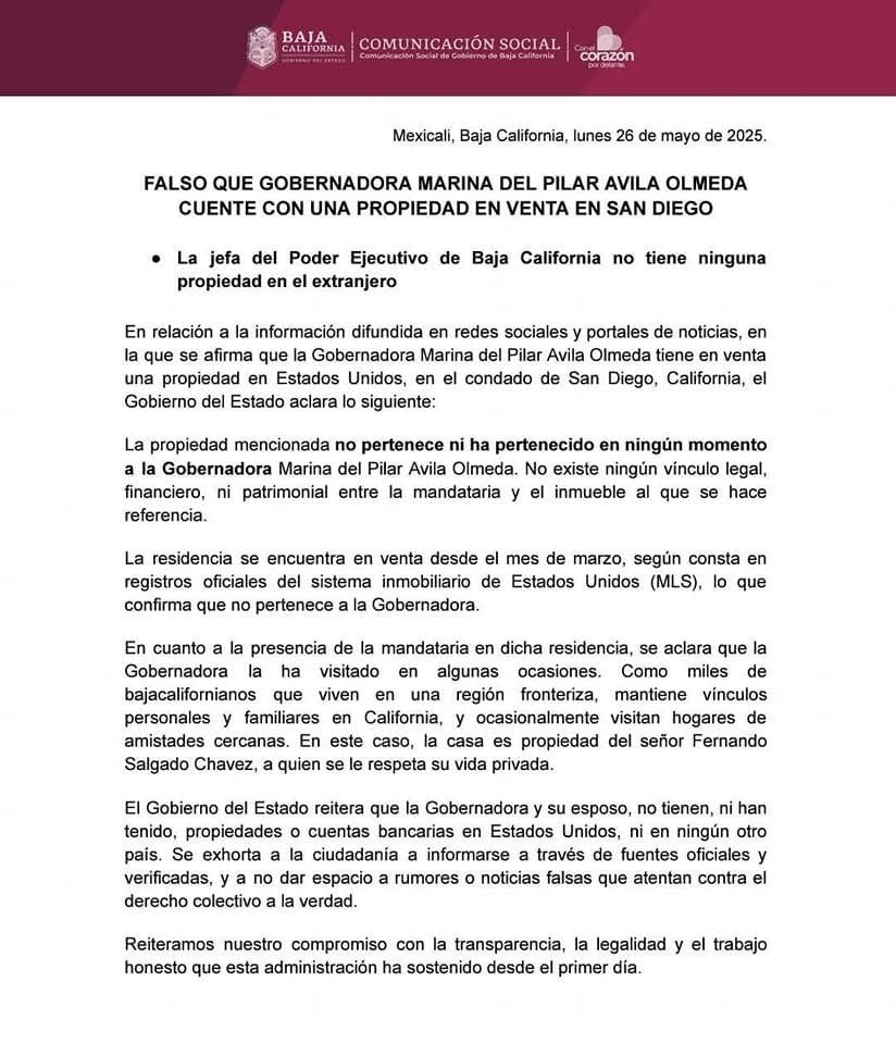 Marina del Pilar Ávila no es dueña de la casa en venta en San Diego, California, asegura gobierno de Baja California