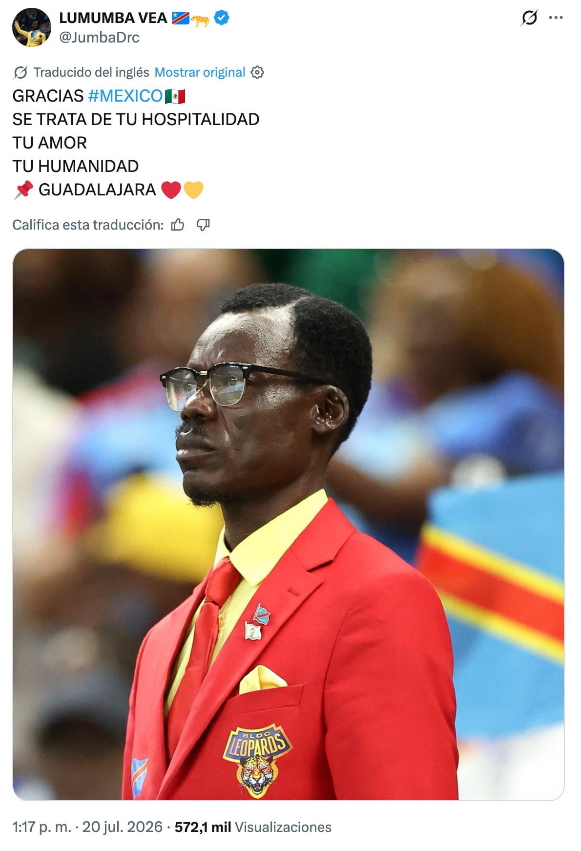 Lumumba Vea publica un mensaje de agradecimiento a México en X durante su estadía por el Mundial 2026