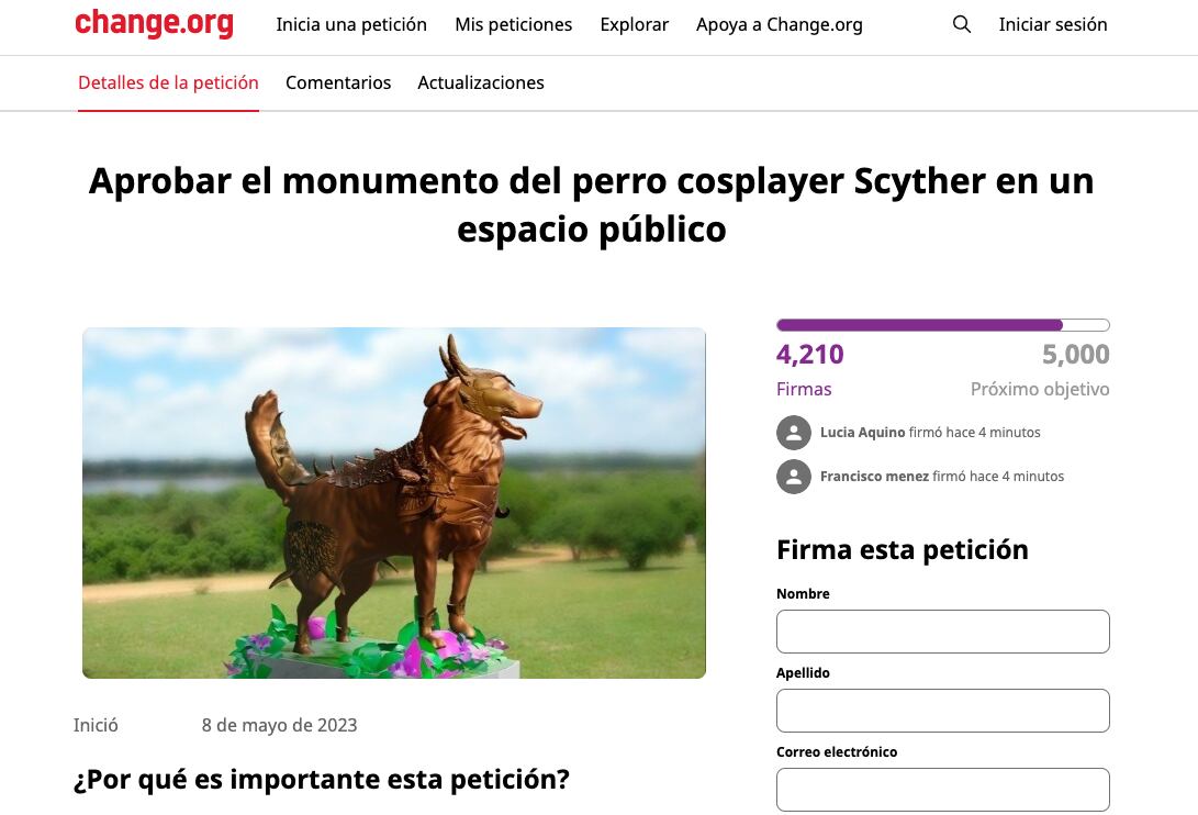 Buacan que a Scyther, el perro que hacía cosplay, le hagan una estatua
