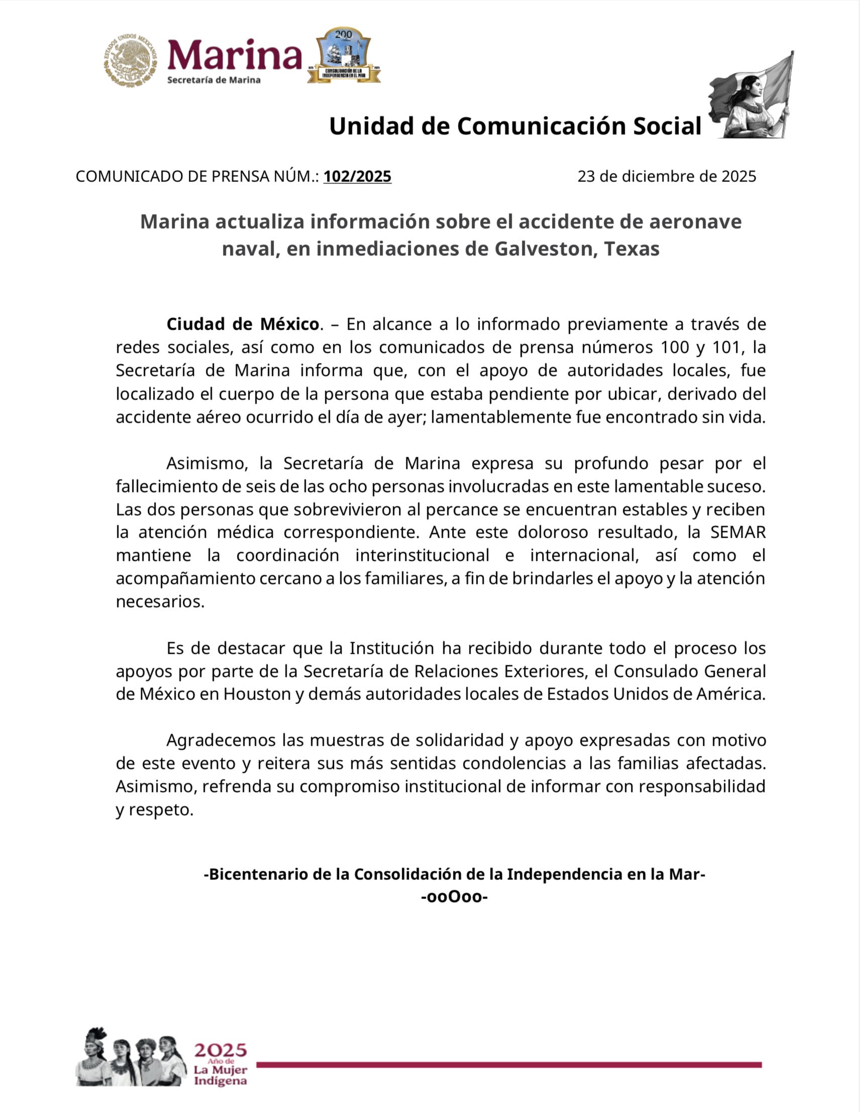 Semar sobre accidente aéreo en Texas