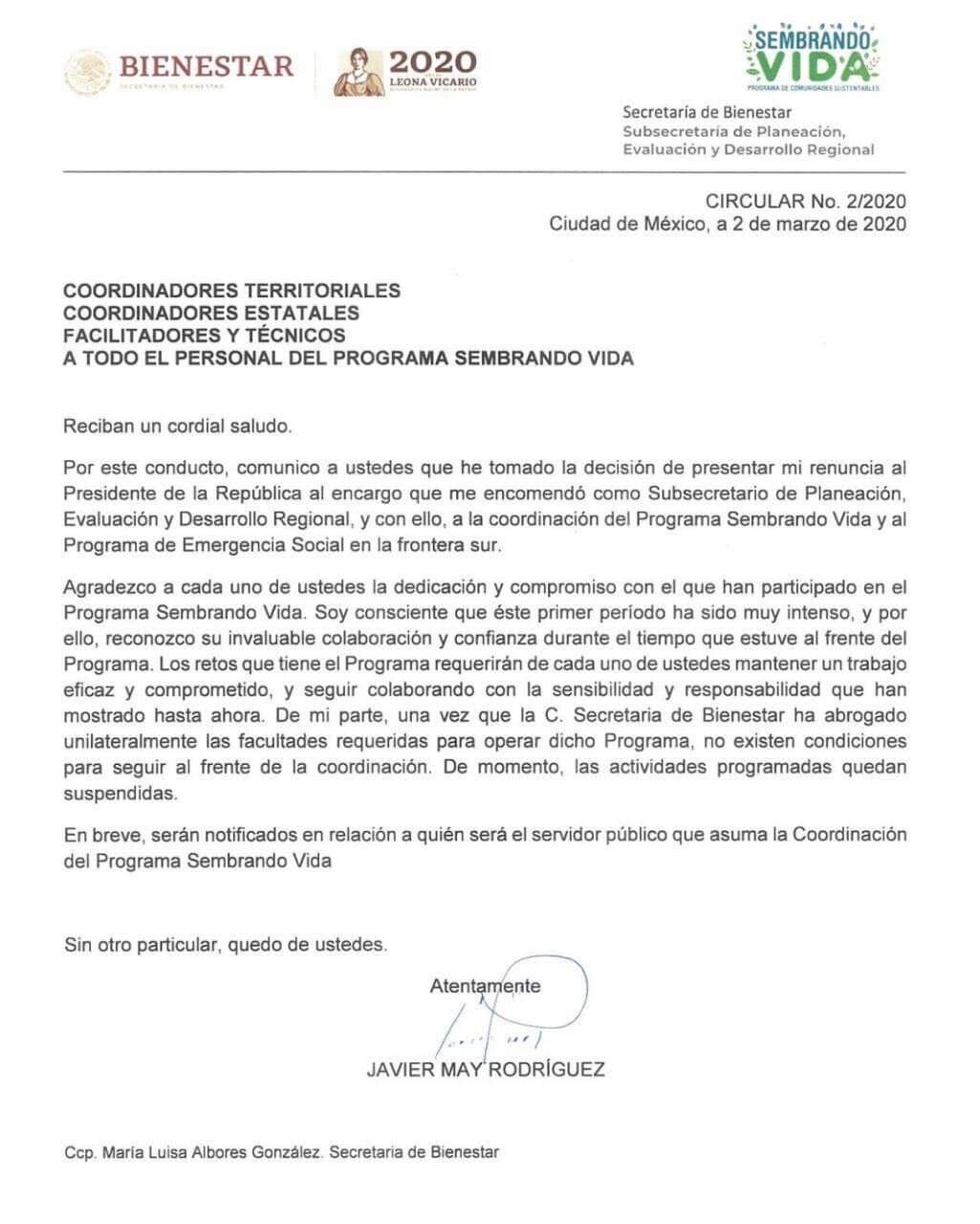 Renuncia de Javier May
