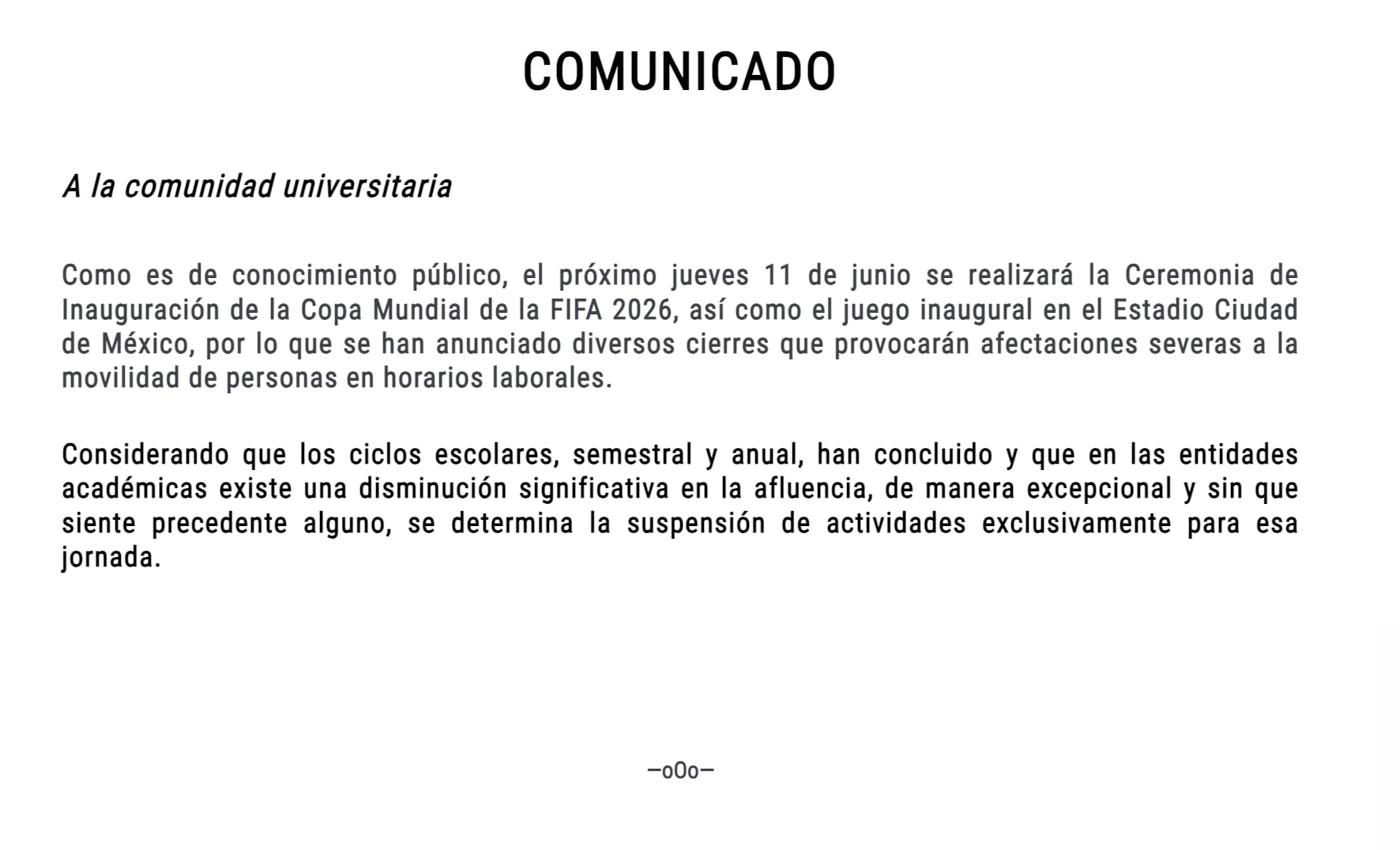 UNAM suspende actividades el 11 de junio por el Mundial 2026