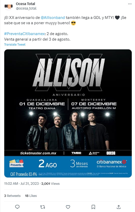 Nuevas fechas de concierto de Allison en Guadalajara y Monterrey