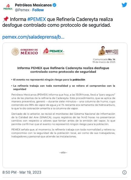 Comunicado de Pemex sobre emisiones de la refinería de Cadereyta