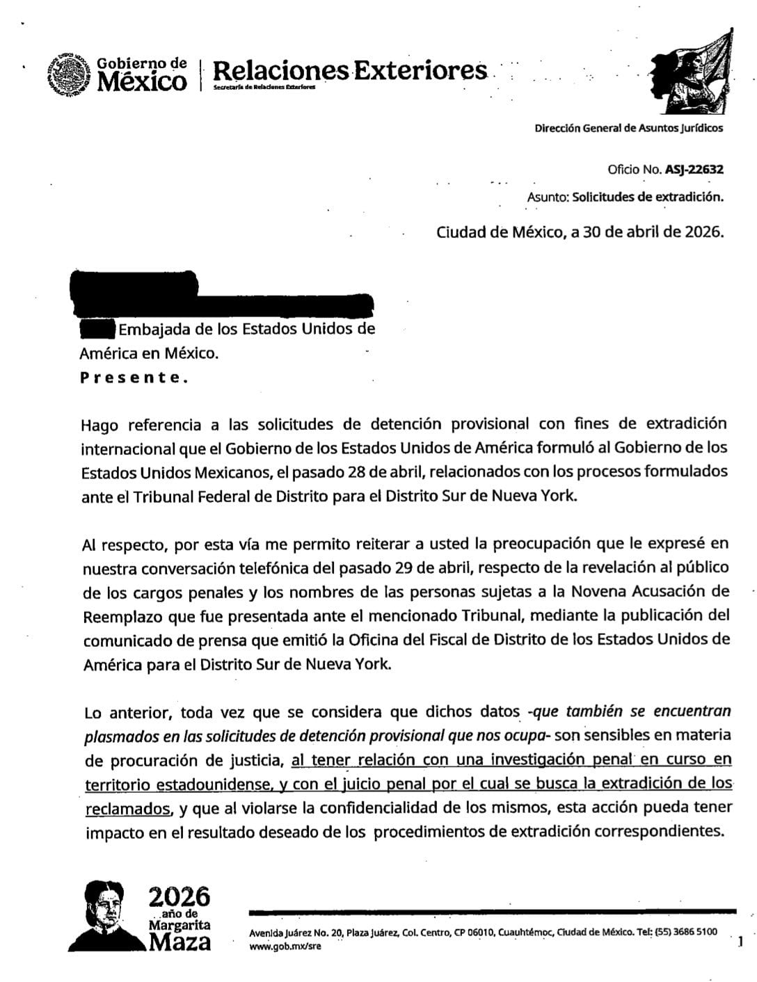SRE difunde documentos sobre comunicaciones con Estados Unidos por caso Rocha Moya