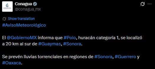 Huracán Polo: Conagua alerta por lluvias en Sonora, Guerrero y Oaxaca