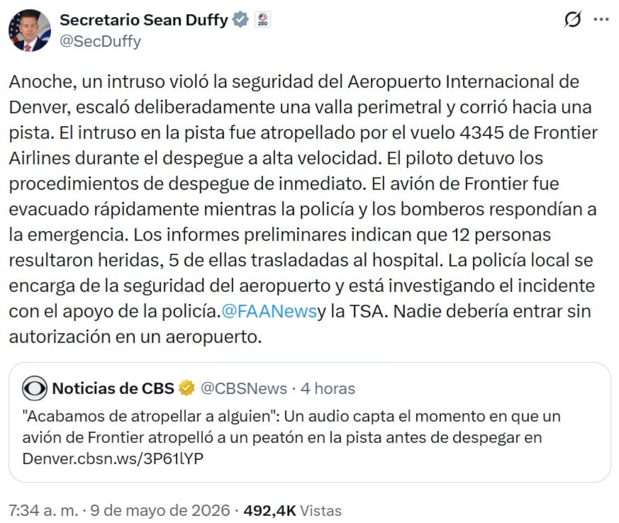 Avión de Frontier Airlines aterriza de emergencia tras impactar a un hombre en pista de Denver