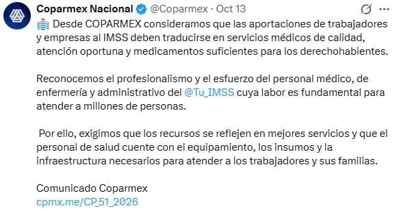 Coparmex exige al IMSS mejorar el servicio médico y el abasto de medicamentos