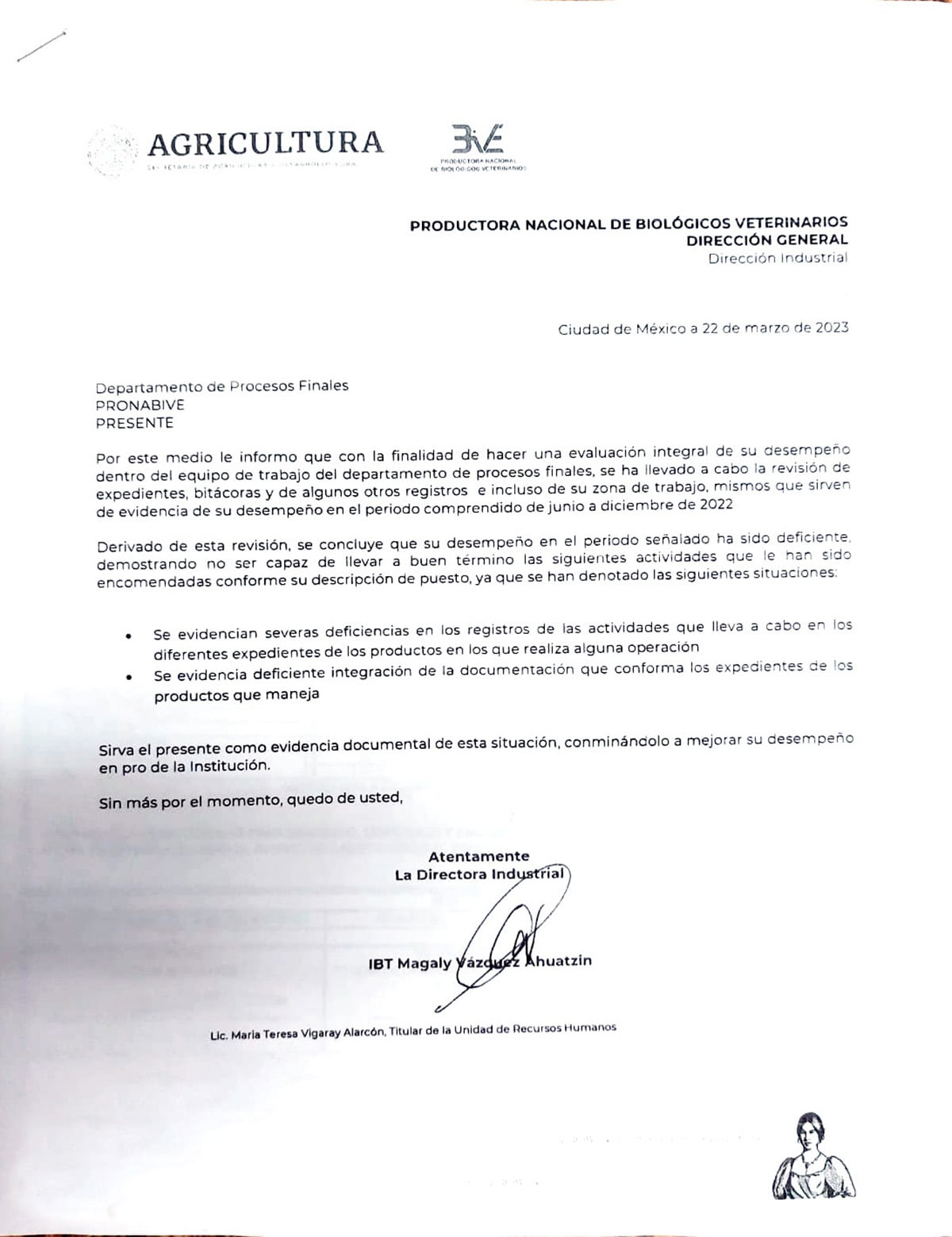 Escrito de la Ing. Magaly Vázquez Ahuatzin, directora industrial de PRONABIVE