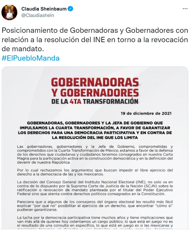 Tuit de Claudia Sheinbaum