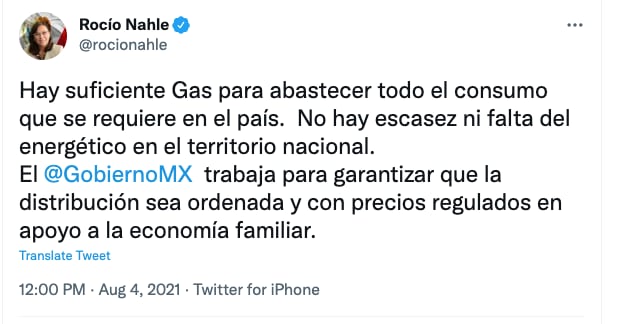 Tuit de Rocío Nahle sobre el abasto de gas LP