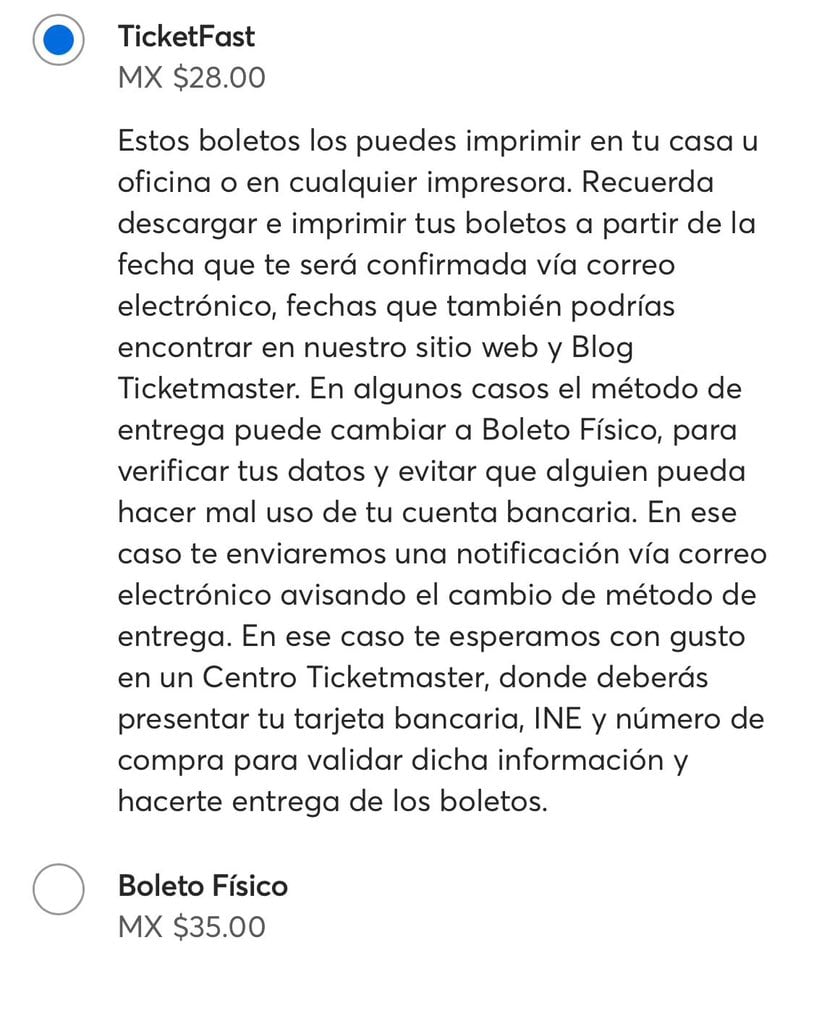 Aumento de impresión de boletos de Ticketmaster