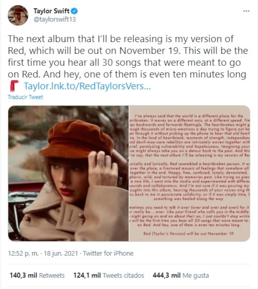 Taylor Swift anuncia el lanzamiento de su disco 'Red (Taylor's Version)'