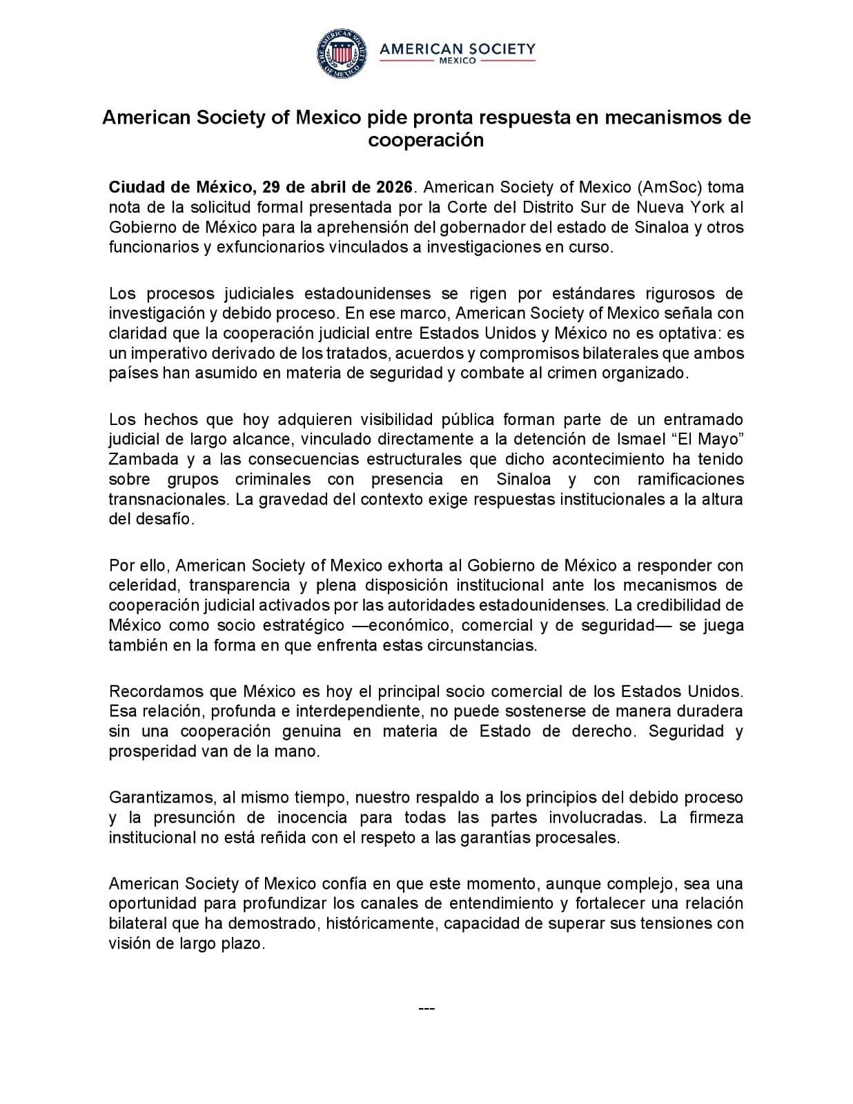 American Society of Mexico exige transparencia en caso Rocha Moya