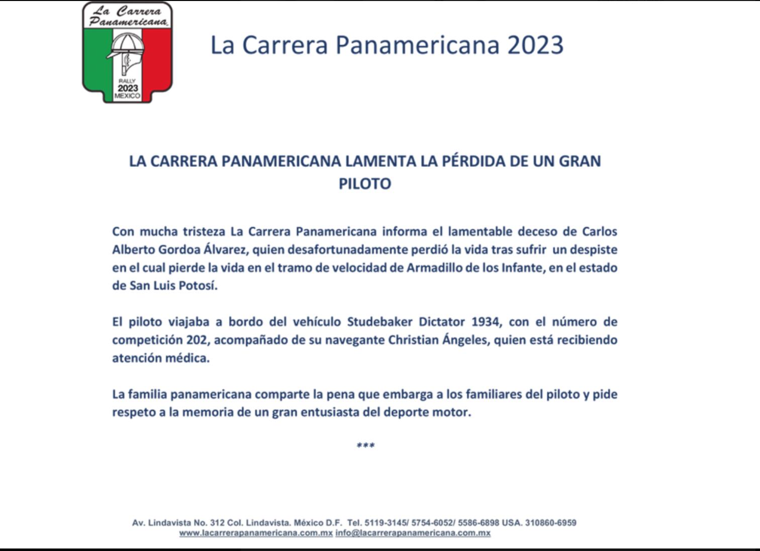 Carrera Panamericana sobre la muerte de Carlos Alberto Gordoa Álvarez