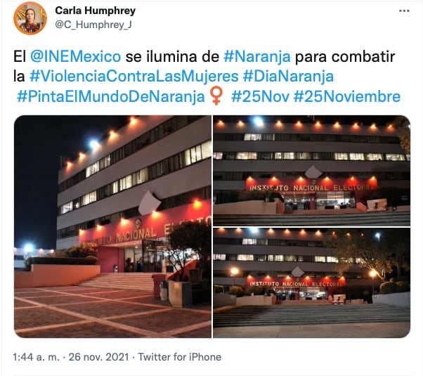 Tuit de Carla Humphrey donde presume al edificio del INE pintado de naranja/@C_Humphrey_J