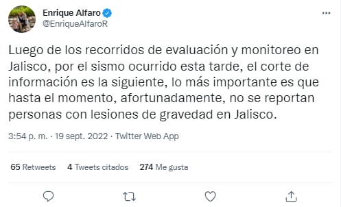 Enrique Alfaro informó que los daños más importantes se registraron en Tolimán
