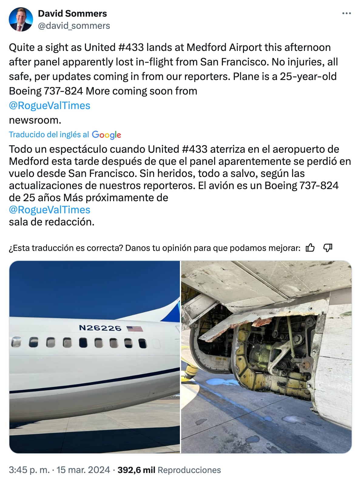 No se presentan heridos por el avión Boeing 737 de United Airlines que aterrizó de emergencia en Oregón