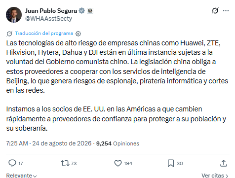 ¿Estados Unidos vs Huawei? Advierten sobre riesgos de seguridad de la tecnología china en América