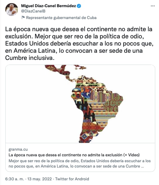 Cuba pide a Estados Unidos una Cumbre de las Américas 2022 inclusiva/Twitter