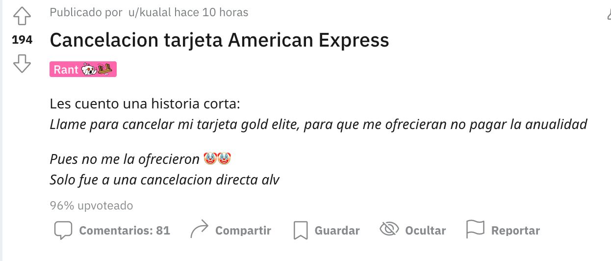 Amenaza con cancelar su tarjeta American Express para que le ofrezcan no pagar anualidad; no le ofrecen nada