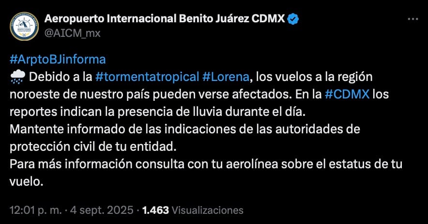AICM alerta por efectos de tormenta tropical Lorena en México
