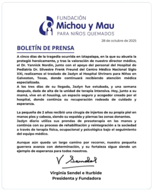 Jazlyn recibe sus primeros injertos de piel en pies, manos y cabeza