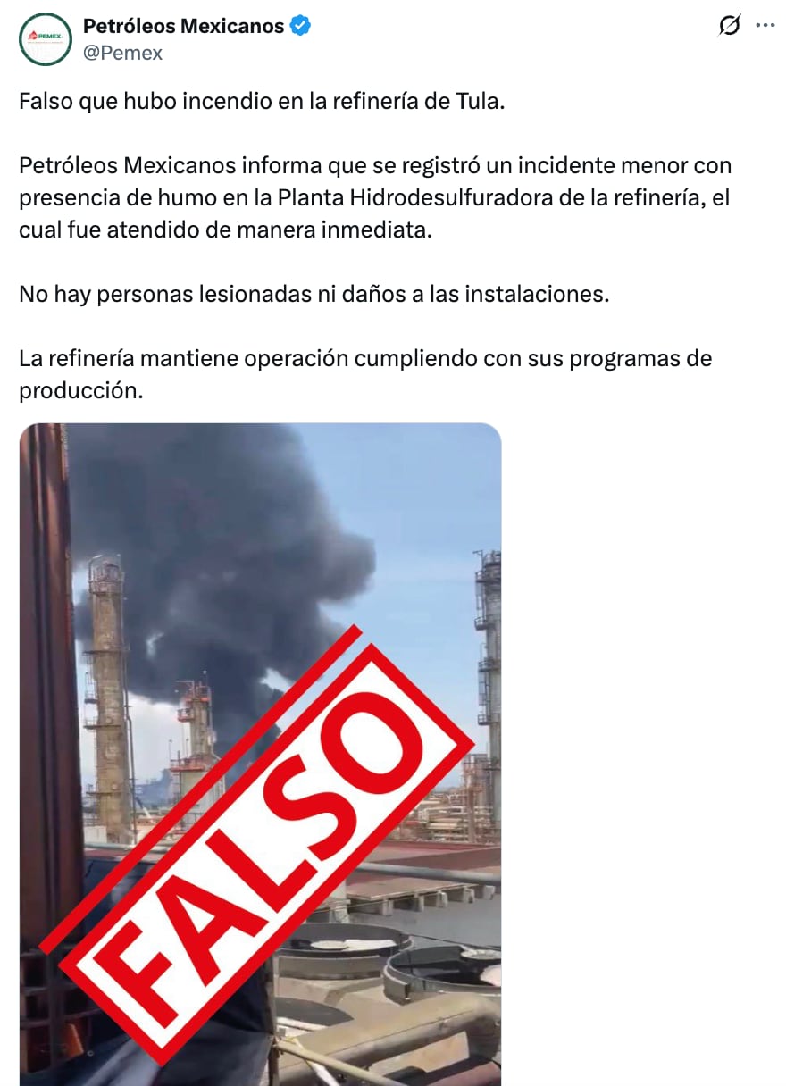Pemex niega incendio y explosión en refinería de Tula