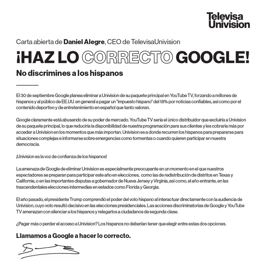 Carta de Daniel Alegre, CEO de TelevisaUnivision