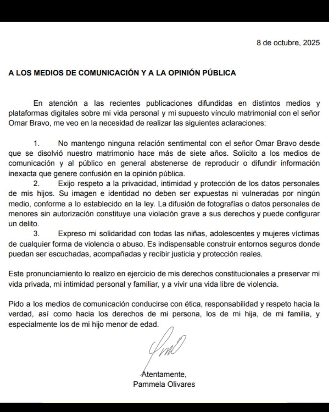 Comunicado Pammela Olivares, exesposa de Omar Bravo.