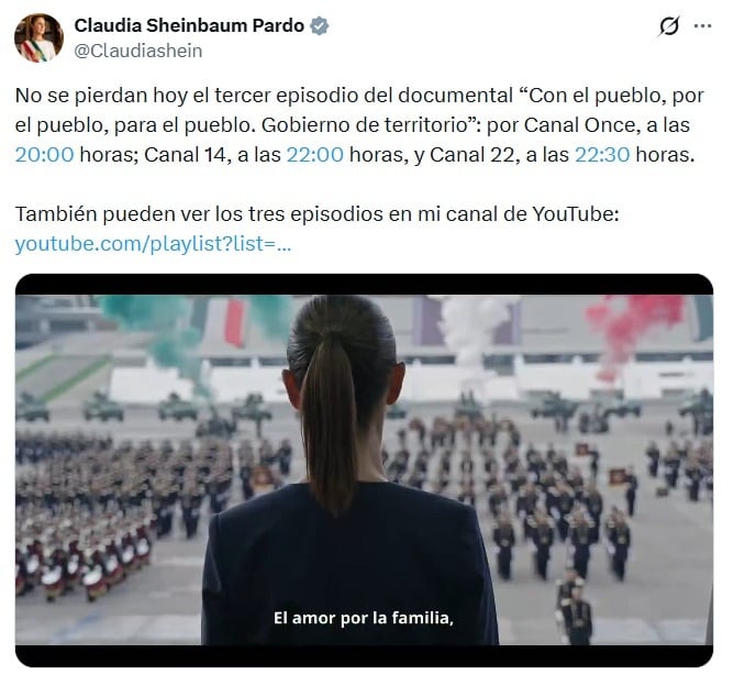 Claudia Sheinbaum comparte episodio final de su documental “La patria la construimos todas y todos”