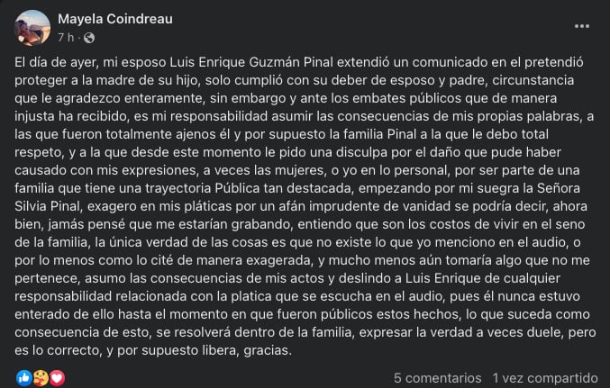 Mayela Laguna asegura que Luis Enrique Guzmán la está defendiendo con su comunicado