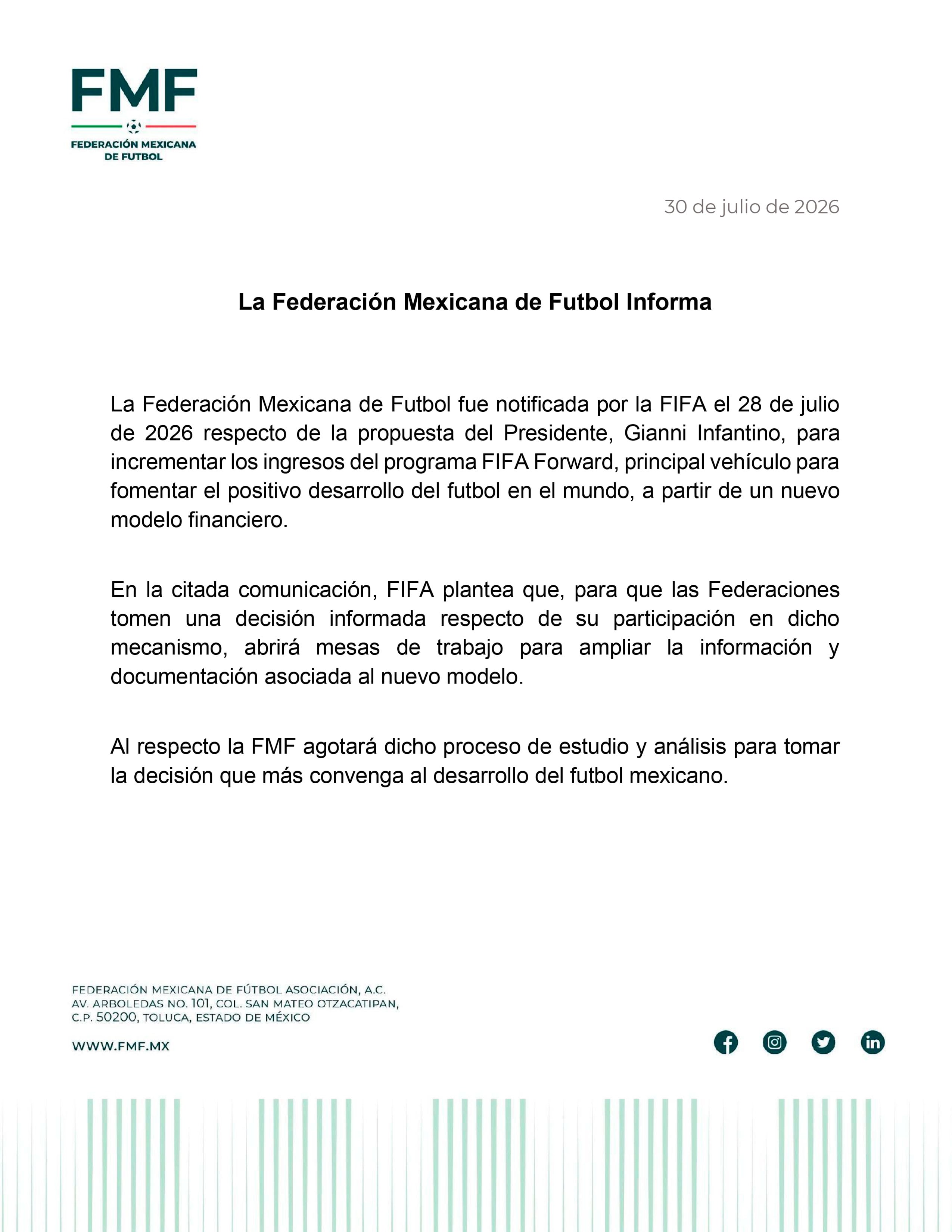 FMF se pronuncia sobre el nuevo modelo financiero impulsado por Gianni Infantino.