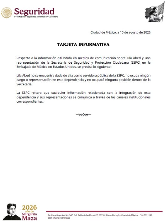 Secretaría de Seguridad y Protección Ciudadana hace aclaración sobre Lila Abed