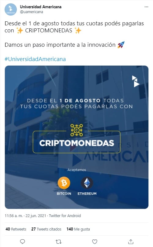 La Universidad Americana de Paraguay aceptará criptomonedas
