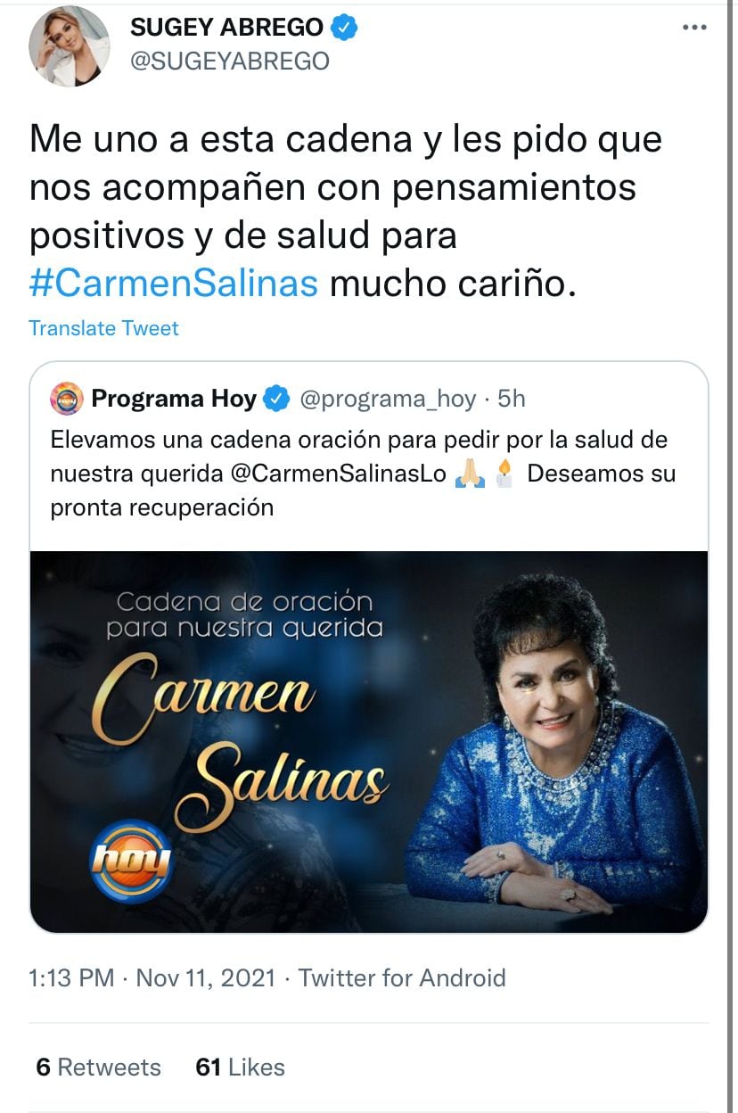 Sugey Abrego pide oraciones por Carmen Salinas