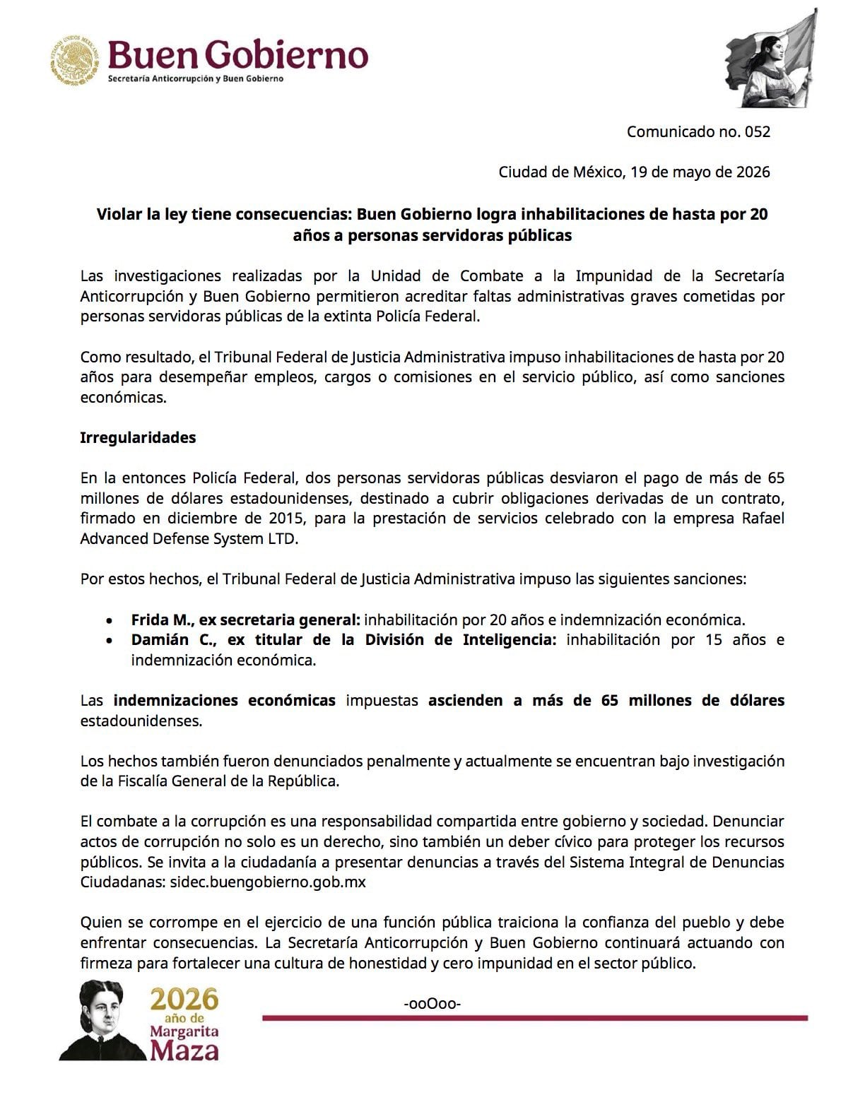 Buen Gobierno inhabilita por 20 años a Frida Martínez Zamora
