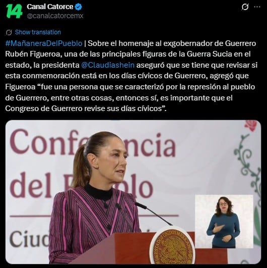 Claudia Sheinbaum rechaza homenaje a Rubén Figueroa en Guerrero
