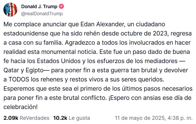 Hamás liberará a Edan Alexander, rehén estadounidense capturado desde 2023; así lo anunció Donald Trump