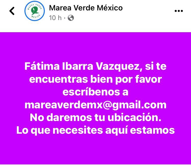 Mensaje de Marea Verde a Fátima Ibarra Vázquez