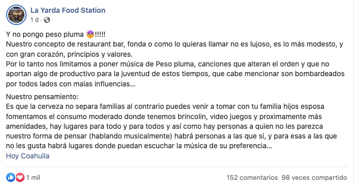 En este Restaurante de Coahuila no van a poner a Peso Pluma porque altera el orden de los jóvenes