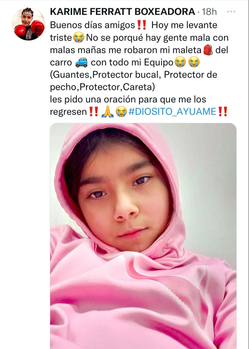 Tweet de Karime Ferratt contando que sufrió un robo el día de ayer.