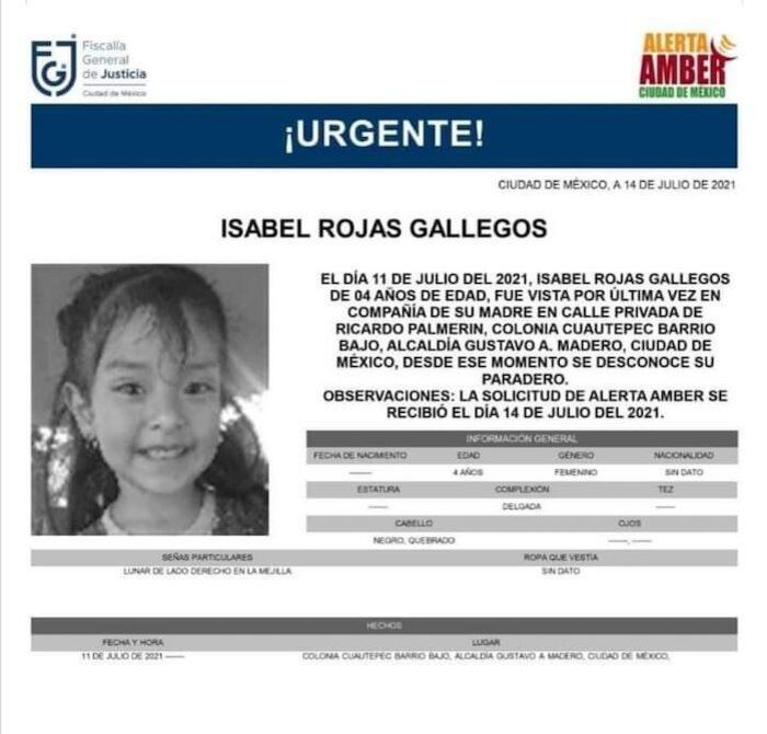Niña reportada como desaparecida