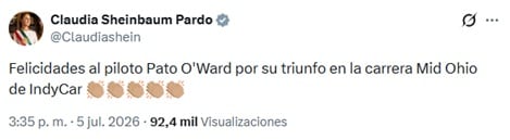 Sheinbaum felicita a Pato O’Ward por triunfo en la Mid Ohio