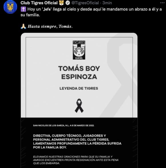 El Club Tigres lamentó la muerte de Tomás Boy, leyenda del equipo.