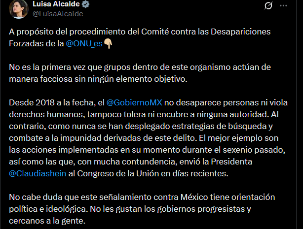 Luisa Alcalde defiende sexenio de AMLO en materia de desaparición forzada en México