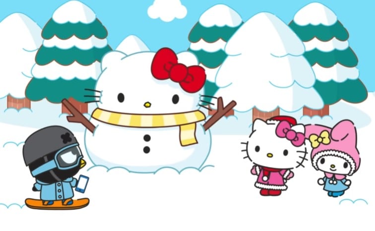 Hello Kitty y sus amigos juegan en la nieve por el invierno