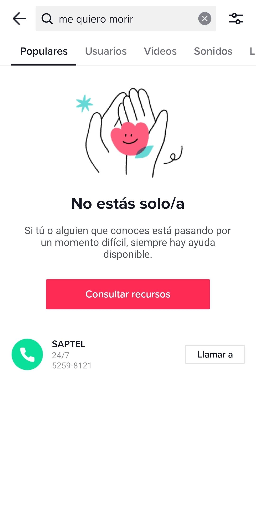 Aviso de ayuda psicológica en TikTok