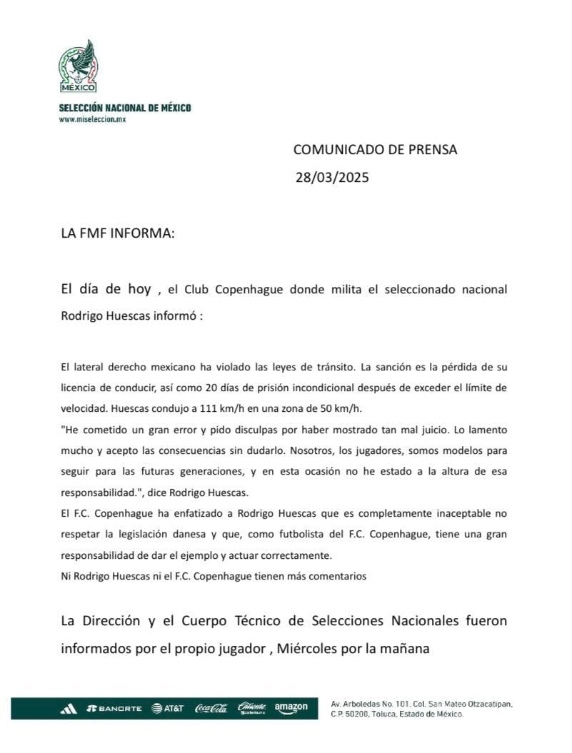 Comunicado de la Selección Mexicana sobre Rodrigo Huescas.